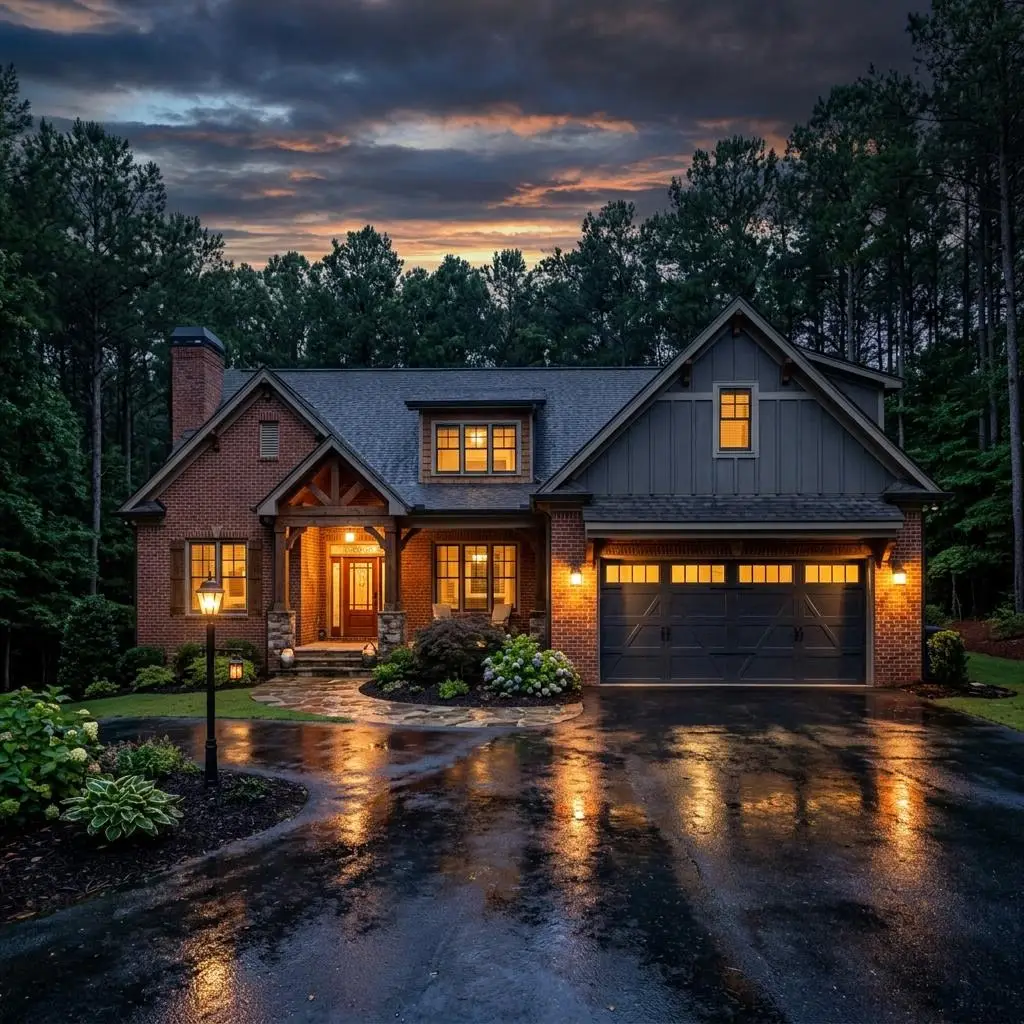 Craftsman home in Buford, Georgia at blue hour with a charcoal steel carriage style double garage door glowing with warm light